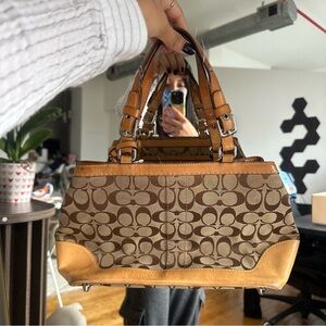 Coach Brown and Tan Mini Bag with Signature Pattern